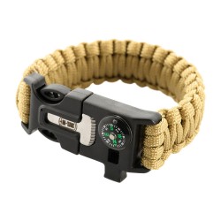 paracord bracelet with spark cutter, compass and whistle Tan M